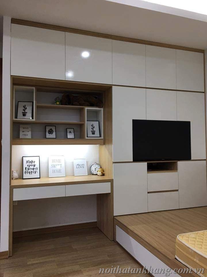 Bàn học kết hợp kệ tivi cho phòng ngủ 10m2