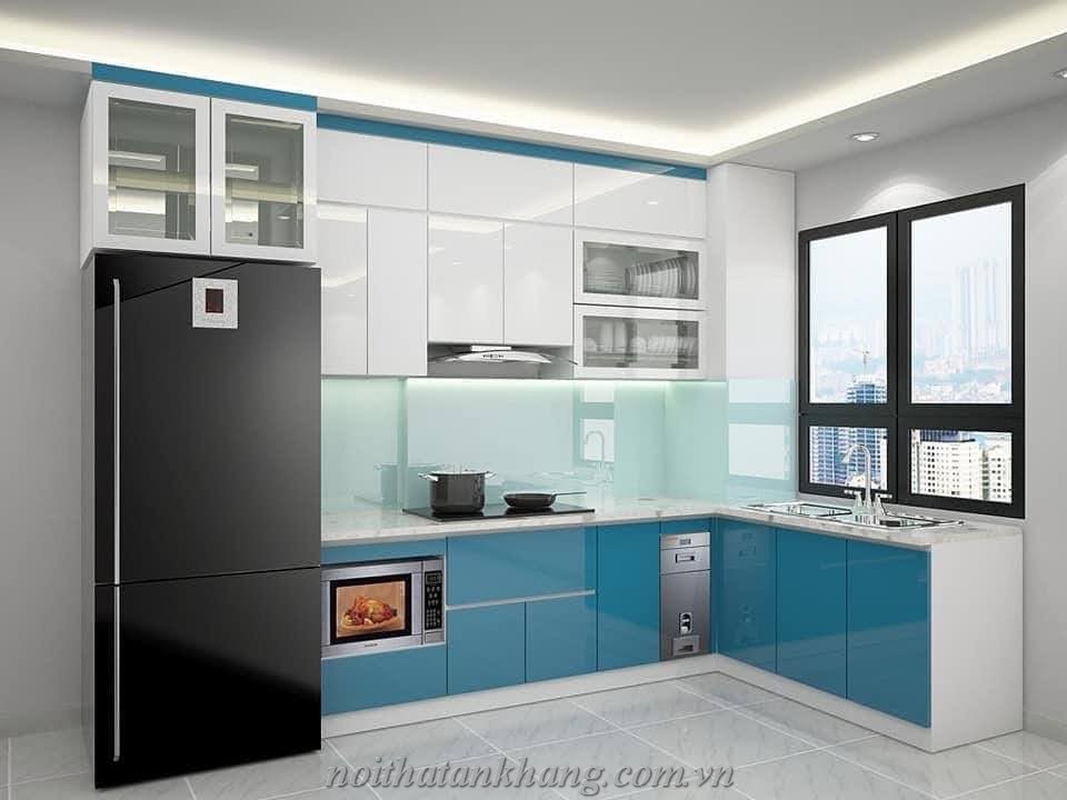 Tủ bếp gỗ Acrylic phối màu xanh trắng