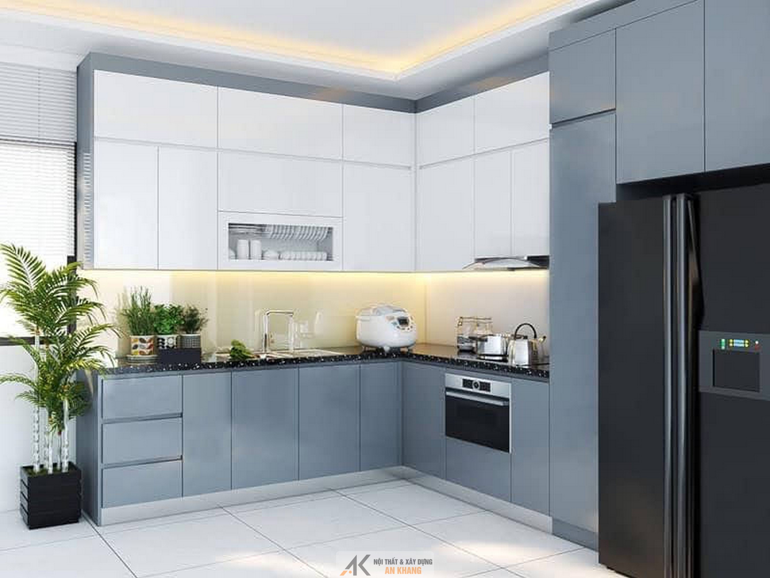Tủ bếp gỗ Acrylic phối màu hiện đại