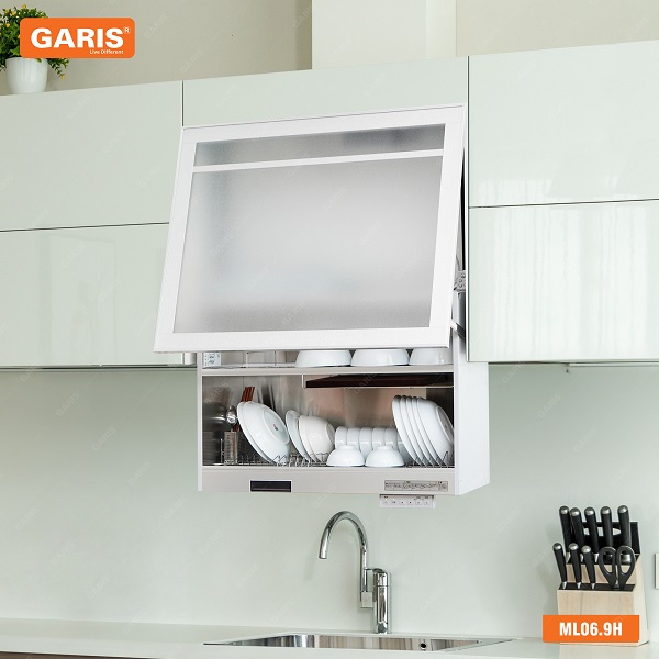 Giá bát đĩa nâng hạ điện có sấy khô Garis ML06.9H (Không kèm theo tủ gỗ + mặt cánh)