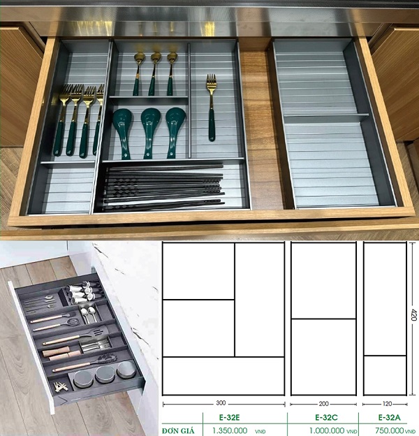 Khay chia nhôm cho ngăn kéo gỗ Grob E32E + E32C + 2*E32A