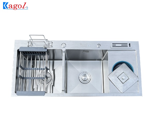 Chậu rửa bát Kagol đúc inox hai hố có bàn, cài dao cài thớt K10045 DR