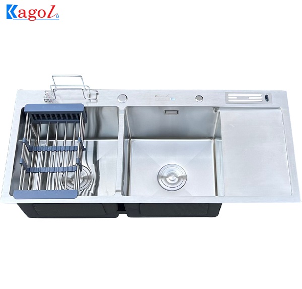 Chậu rửa bát Kagol đúc inox hai hố có bàn, cài dao K10045 CD