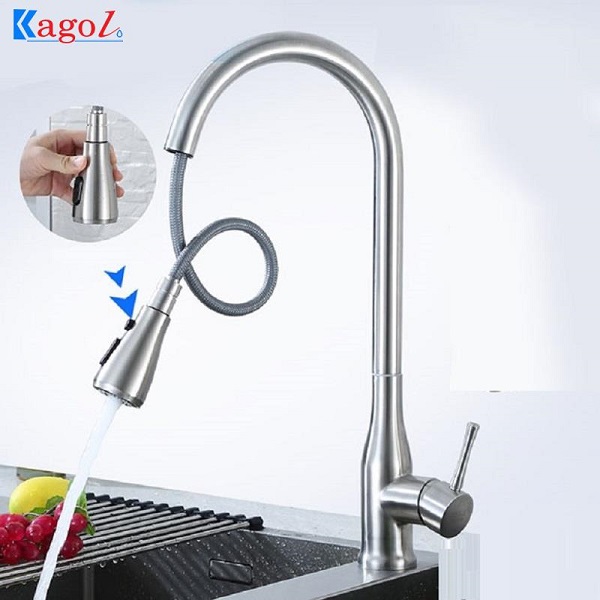 Vòi rửa bát Kagol inox sus 304 nóng lạnh, vòi rút K55