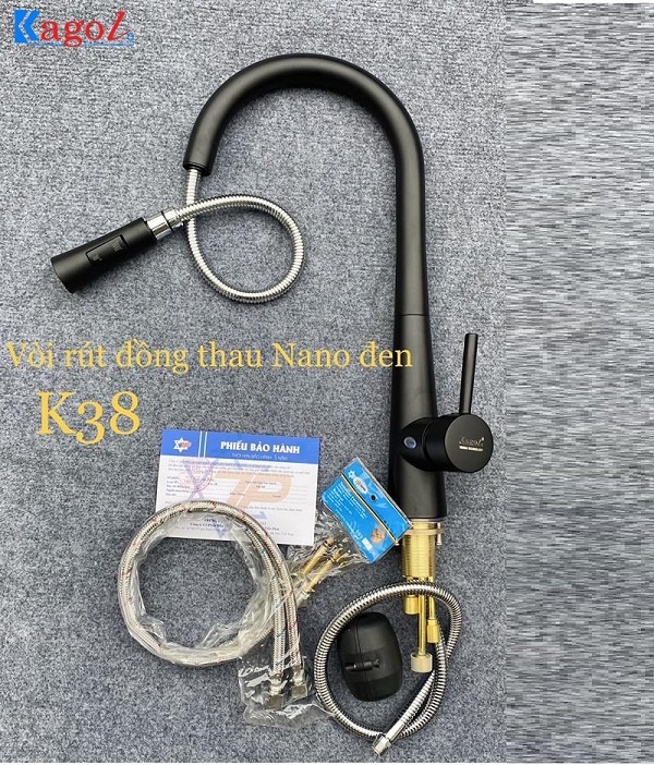 Vòi rửa bát Kagol cần rút dài, đồng phủ nano K38
