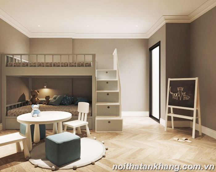 Giường tầng bé trai gỗ MDF lõi xanh chống ẩm phun sơn