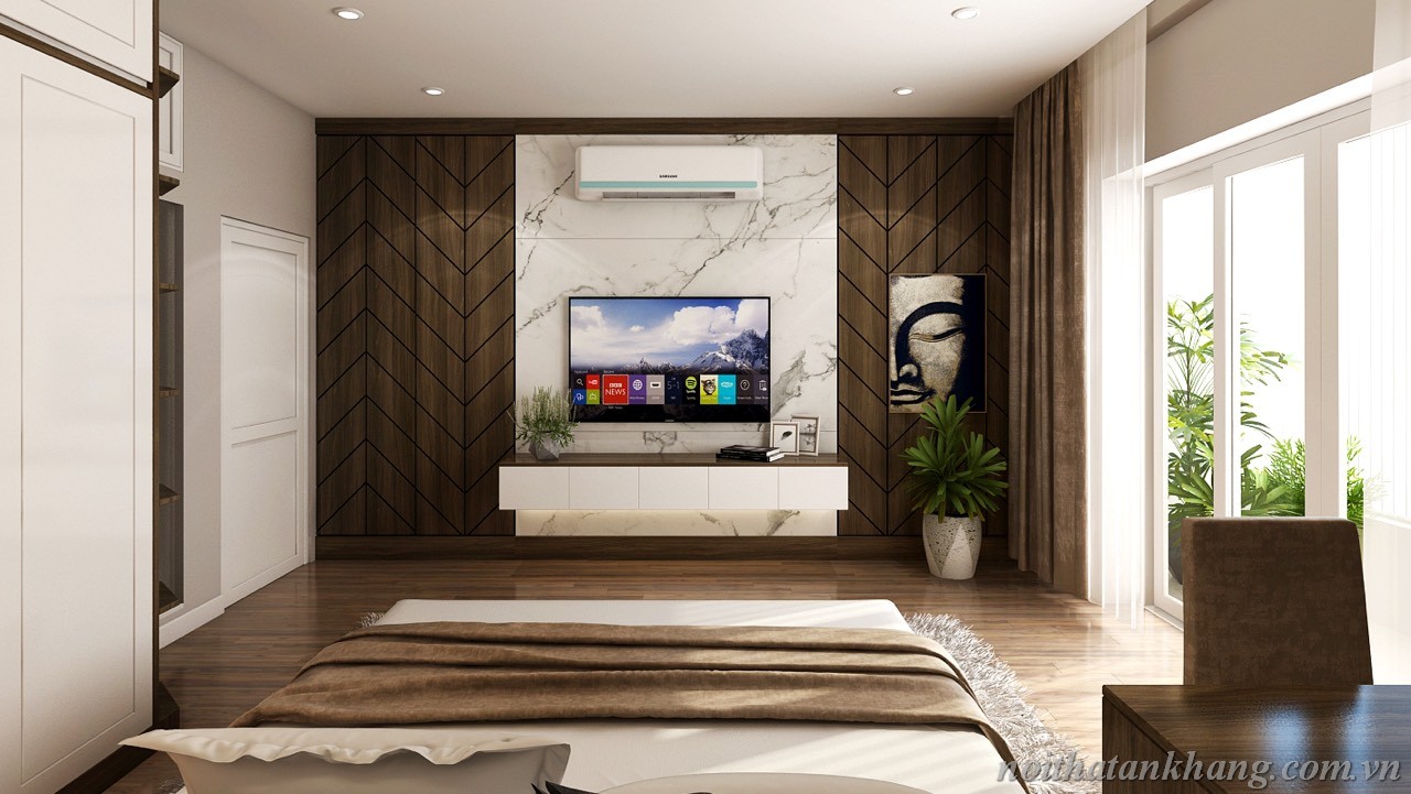 Kệ tivi gỗ MDF kết hợp vách giả vân đá