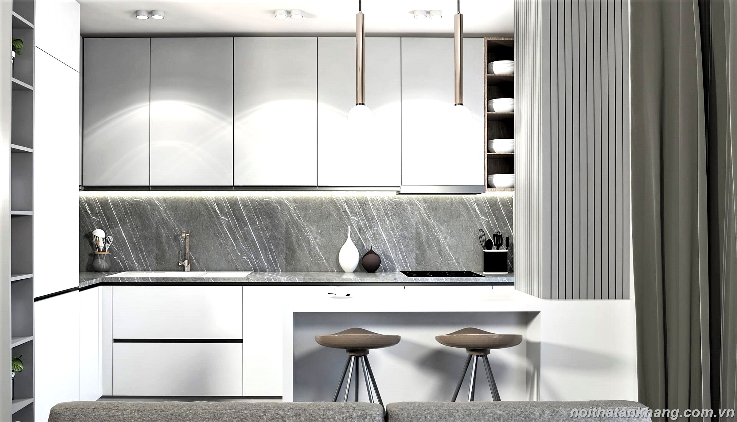 Mẫu tủ bếp Acrylic kết hợp bàn bar