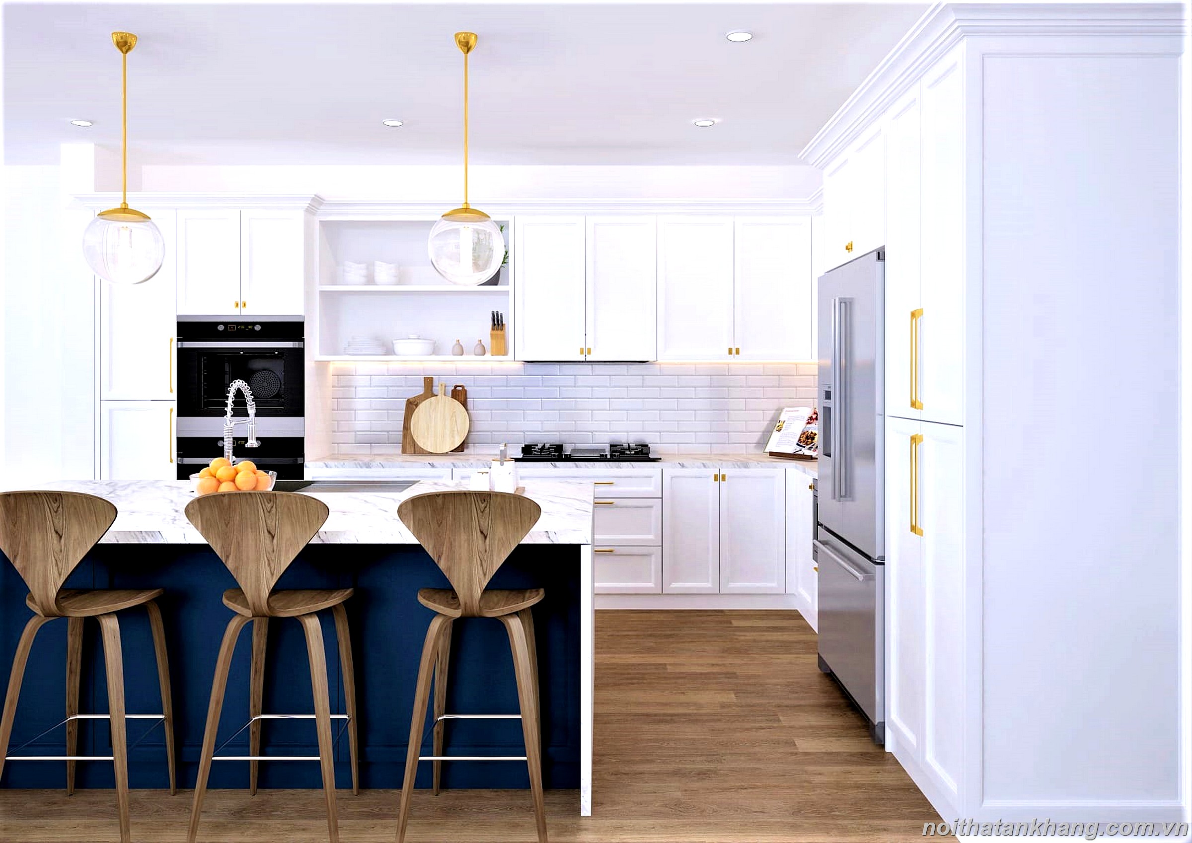 Mẫu tủ bếp gỗ MDF lõi xanh chống ẩm phun sơn Inchem kết hợp bàn đảo