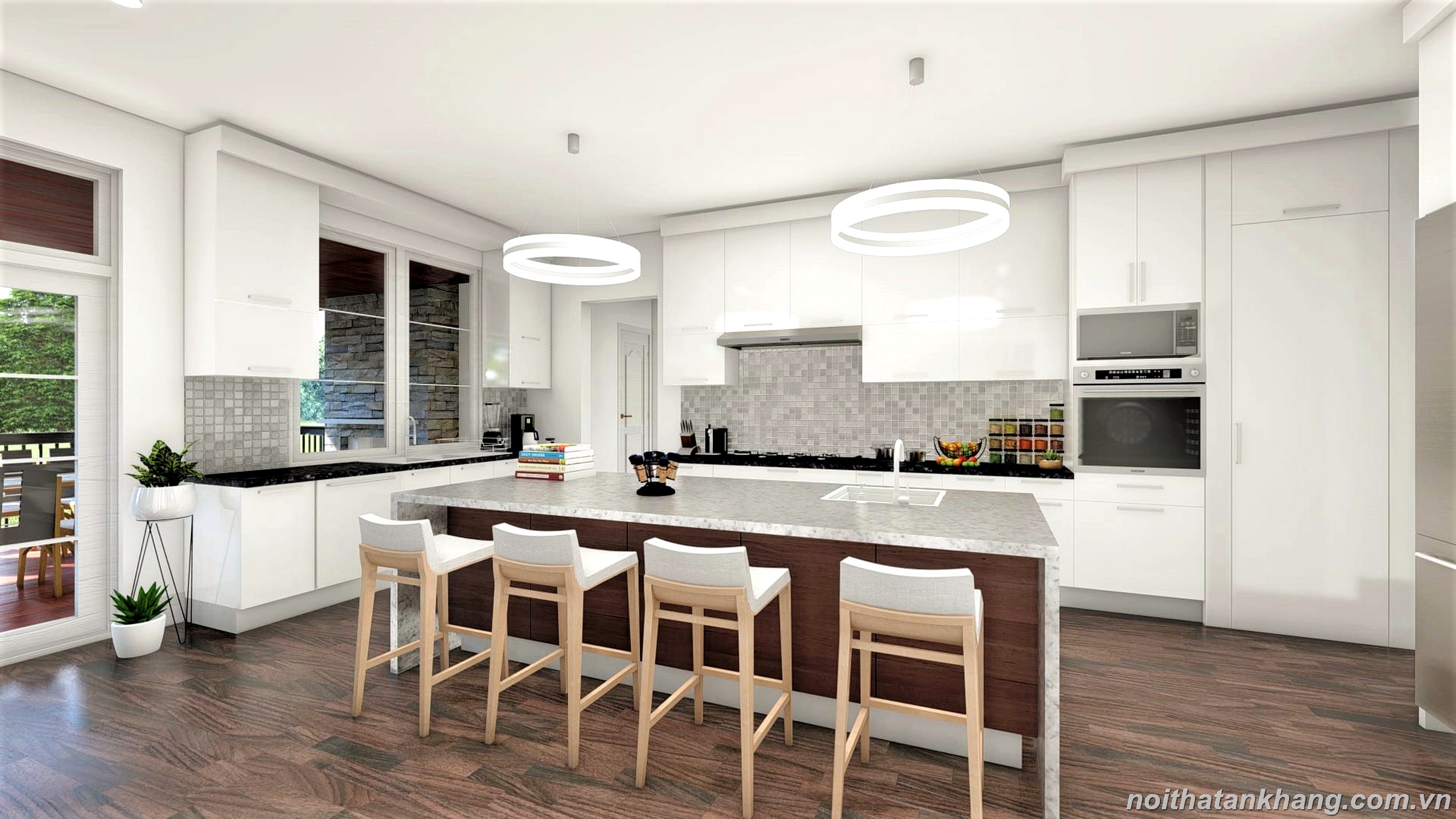 Mẫu tủ bếp Acrylic kết hợp bàn đảo phong cách châu Âu hiện đại