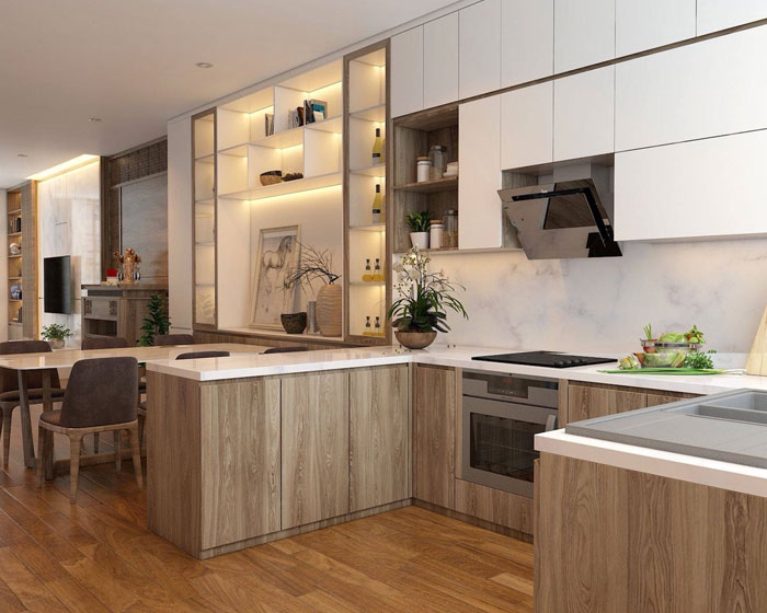 Combo tủ bếp + kệ trang trí gỗ MDF lõi xanh chống ẩm phủ Melamine